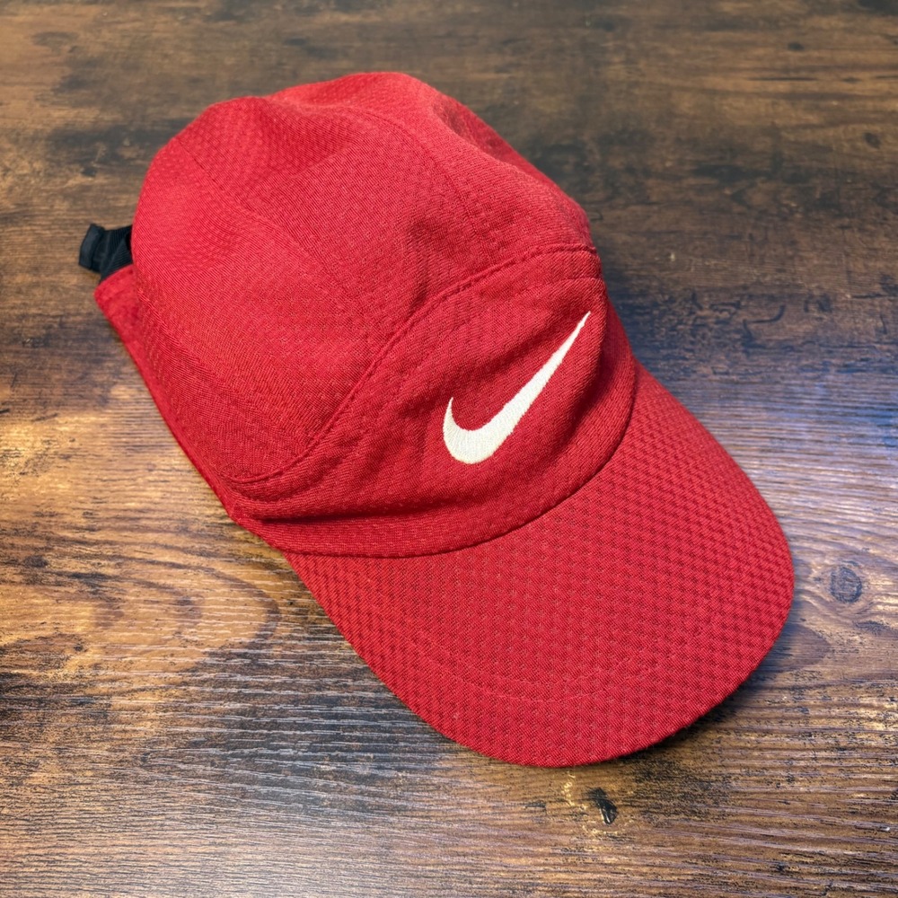 Vintage Nike 5 Panel Camper Hat Red Embroidered Swoosh Adjustable Strap Cap